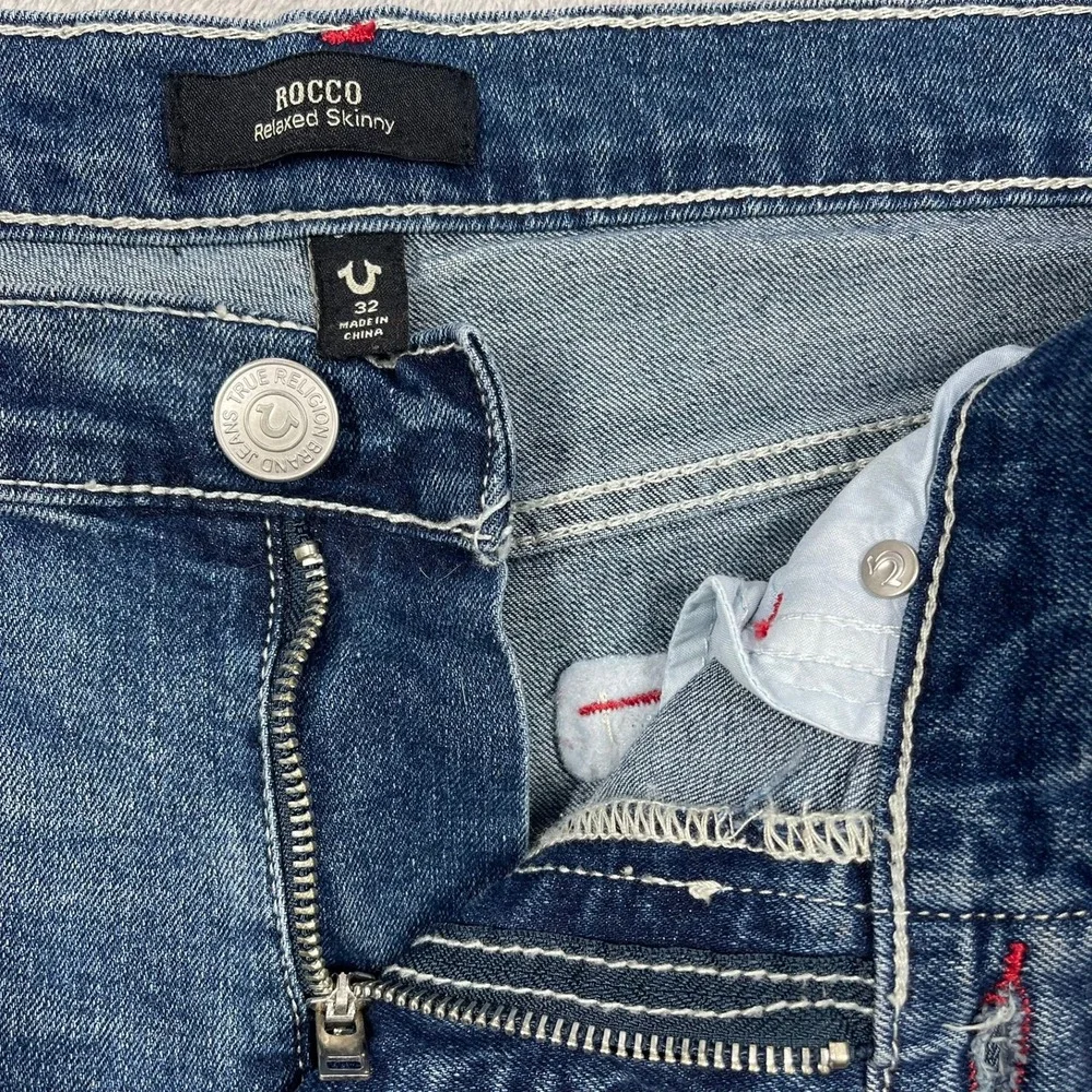 True Religion Rocco Moto Jeans Mens 32(34) Blue Relaxed Skinny Ribbed‎ Knee